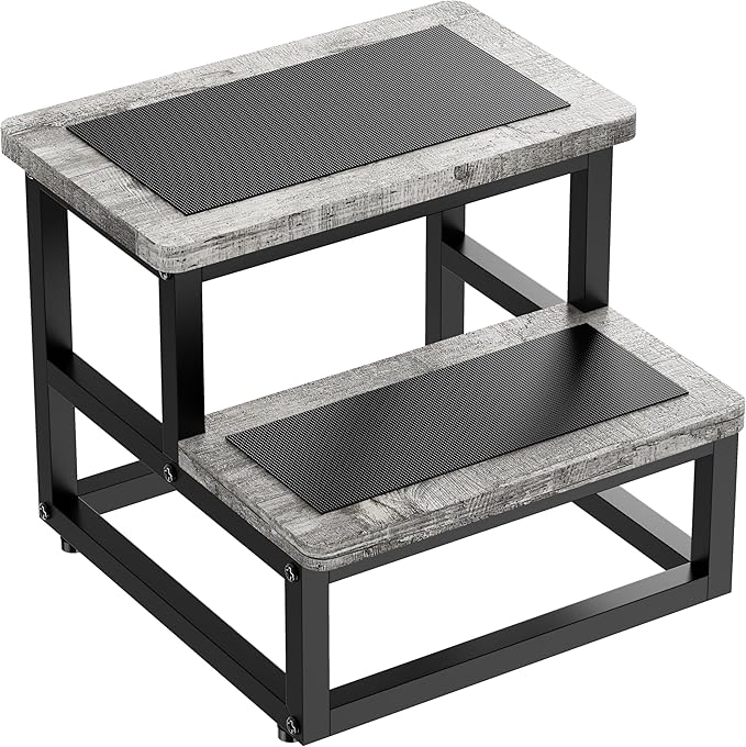 Step Stools for Kids Adults, Heavy Duty Stepping Stools Bed Steps for High Beds, Non-Slip Metal and Wooden 2 Steps Foot Stool for Bedside Kitchen, Round Corner, 500 Lbs Capacity, Gray Pattern