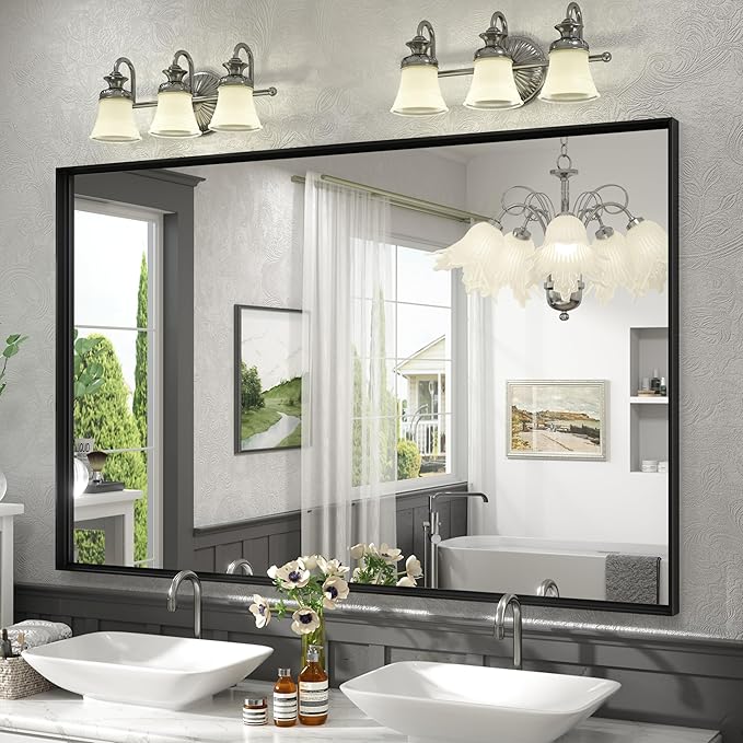 50x40 Inch Black Metal Framed Bathroom Mirror for Wall, Large Rectangle Mirror, Matte Black Bathroom Vanity Mirror, Anti-Rust, Square Corner, Shatterproof, (Horizontal/Vertical)