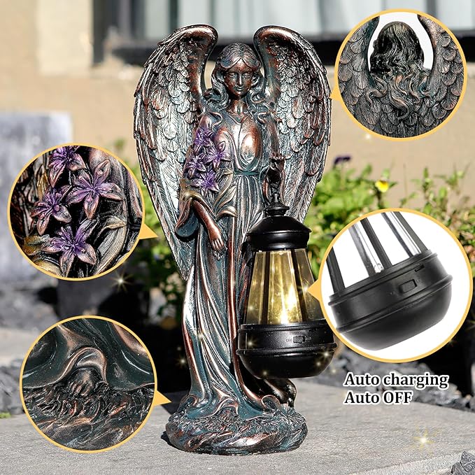 Solar Angel Outdoor Garden Decor Statues – 13.2 inches Solar Outdoor Sculptures for Outside Yard Art Patio Balcony Front Lawn Ornaments Gifts for Mom Grandma Women（Bronze）