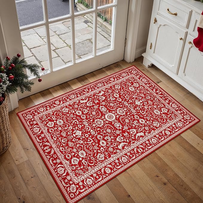 HUGEAR Christmas 2x3 Small Rug Machine Washable Area Rug Red Entryway Rugs Entrance Door Mat Indoor Accent Rugs Floral Low Pile Carpet Distressed Throw Rug Kitchen Bedroom Office Non Slip