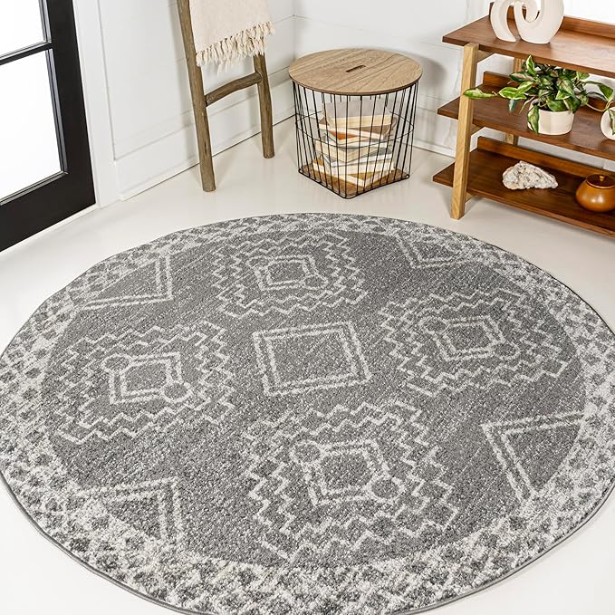 JONATHAN Y Amir Moroccan Beni Souk Gray/Cream 4' Round Indoor Area Rug, Bohemian, Scandinavian, Easy-Cleaning for Living Room, Bedroom, Kitchen, Pet Friendly, Non-Shedding (MOH200C-4R)