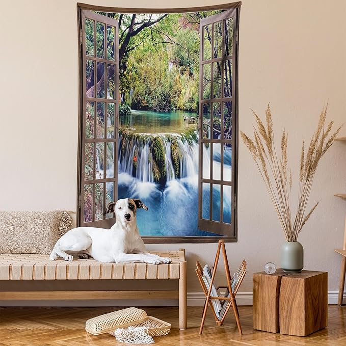 Ambesonne Waterfall Tapestry, Wide Waterfall Deep down in the Forest Seen from a City Window Epic Surreal Print, Fabric Wall Hanging Decor for Bedroom Living Room Dorm, 30" X 45", Brown Black