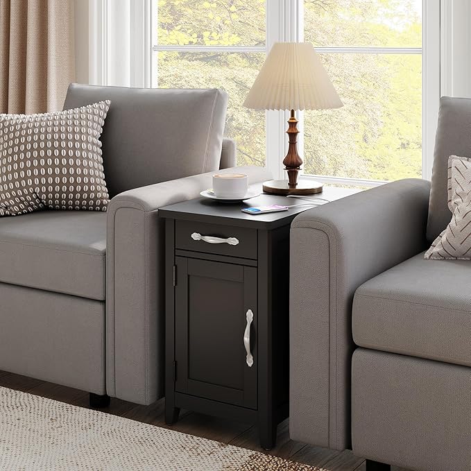 LINSY HOME End Table Set of 2 with Charging Station, Modern Farmhouse Sofa Couch Side Table, Wooden Bedside Table for Living Room Bedroom, Narrow Nightstand with Storage for Small Space, Black