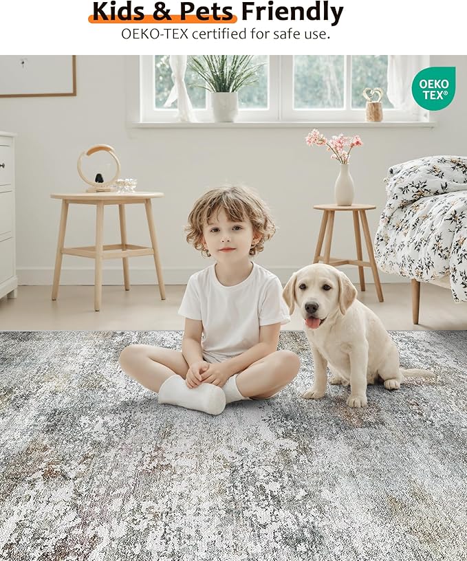 Art&Tuft Washable Rug, Anti-Slip Backing Abstract Area Rugs, Stain Resistant Rugs for Living Room, Foldable Machine Washable Area Rug(Grey/Rust, 8'x10')