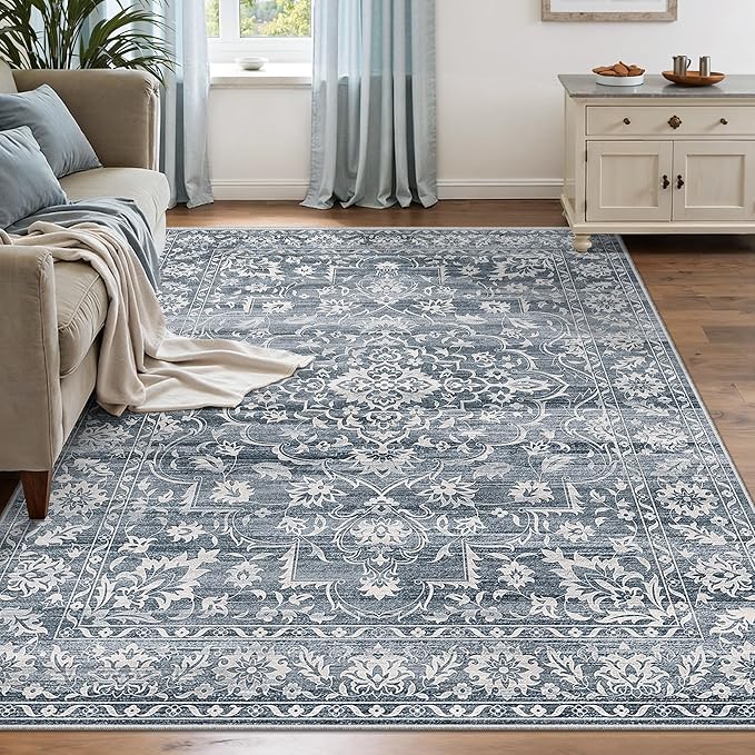 5x7 Area Rugs for Living Room, Washable Vintage Floral Non-Slip Low Pile Natural Rug Soft Throw Carpet for Dining Room Bedroom Home Office Nursery (Blue, 5'x7')