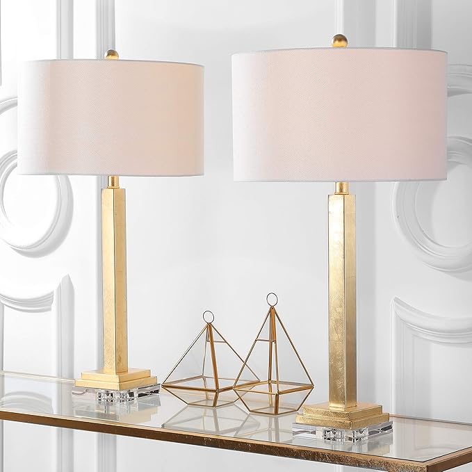 SAFAVIEH Lighting Collection Perri Farmhouse Gold/ Crystal Base 30-inch Bedroom Living Room Home Office Desk Nightstand Table Lamp Set of 2 (LED Bulbs Included)