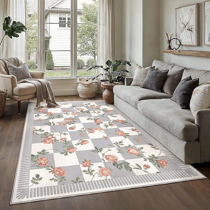 HUGEAR 5x7 Checkered Area Rugs Machine Washable Grey Living Room Rug Floral Print Non-Slip Stain Resistant Low Pile Indoor Throw Carpet for Bedroom Home Unique Aesthetic Modern Decor