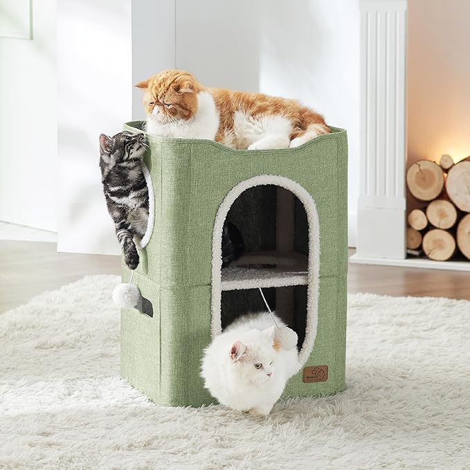 Bedsure 2 Story Cat House - Cat Condos for Indoor Cats with Scratch Pad and Fluffy Ball Hanging, Small Pet Cave Furniture Hideaway for Multi Pets, 18x14x23 inches, Green