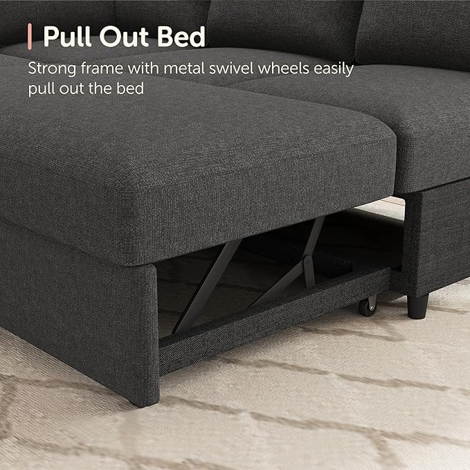HONBAY Sectional Sleeper Sofa with Pull-Out Bed Storage Chaise,Modular Couch for Living Room, Middle Grey