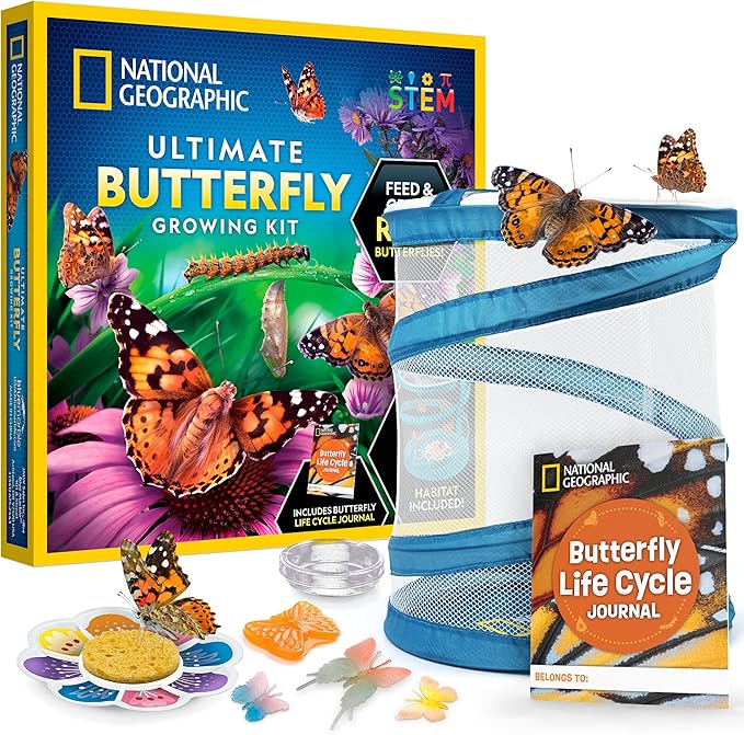 National Geographic Ultimate Butterfly Growing Kit – Build a Habitat & Watch Caterpillars Transform, Includes Live Caterpillar Voucher, Cage, Feeder, Glow-in-The-Dark Figures, Hands-On Activities