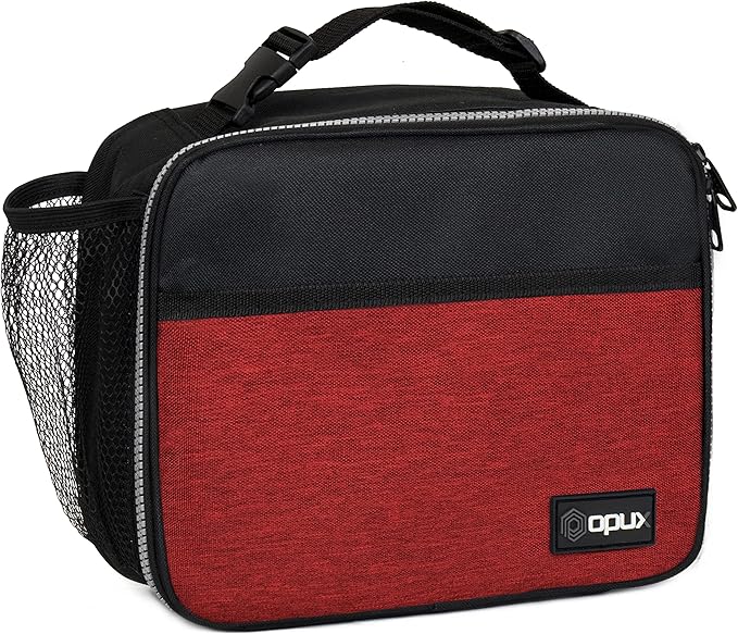 opux Insulated Lunch Bag Kids, Lunch Box for School Boy Girl, Leakproof Small Reusable Compact Soft Mini Cooler Bag, Toddler Small Lunch Boxes Kit Pail with Front Side Pockets (Red)