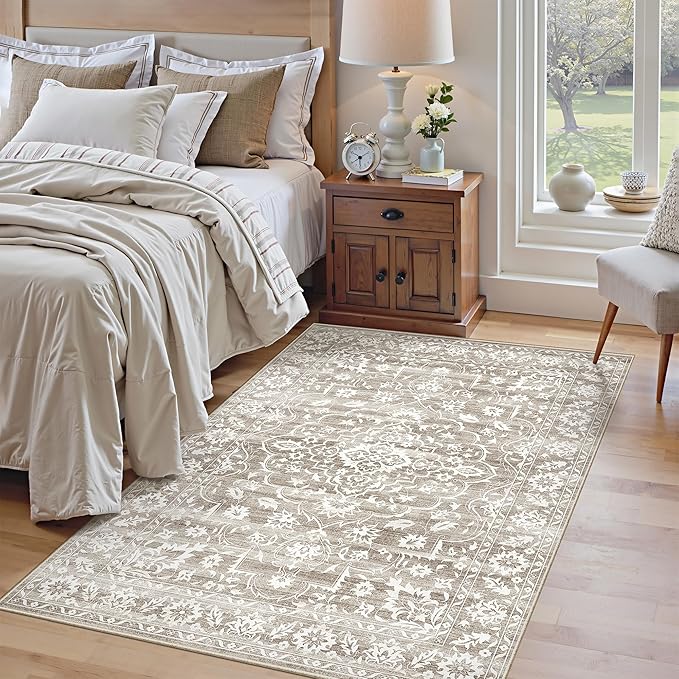 Area Rugs 4x6 for Living Room, Stain Resistant Neutral Washable Rugs for Dining Room, Kitchen, Floral Vintage Non-Slip Area Rug Farmhouse 4x6 Rug Light Brown