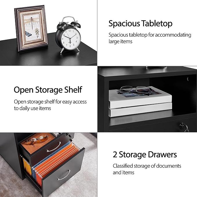 Yaheetech File Cabinet, Under Desk Vertical Cabinet with 2 Drawers and Open Compartment, Printer Stand with Lockable Wheels for A4 Letter Size Hangable File Folders for Home Office(Black)