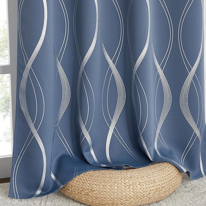 NICETOWN Bedroom Blackout Curtains Panels - Window Treatment Thermal Insulated Solid Grommet Blackout Wave Line Foil Print Design Curtains for Living Room (Stone Blue, Set of 2, 52 by 63 Inch)