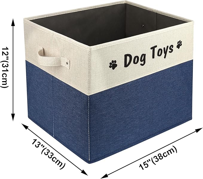 PET ARTIST Large Dog Toy Basket, Foldable Dog Toy Bin Box for Living Roon Area, Collapsible Storage Baskets with Comfortable Handles for Pet Coat,Accessories, Navy Blue, 15"x13"x12"