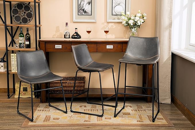 Roundhill Furniture Lotusville Vintage PU Leather Counter Height Stools, Antique Gray, Set of 2