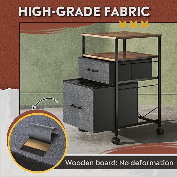 DEVAISE 2 Drawer Mobile File Cabinet, Rolling Printer Stand with Open Storage Shelf, Fabric Vertical Filing Cabinet fits A4 or Letter Size for Home Office, Rustic Brown