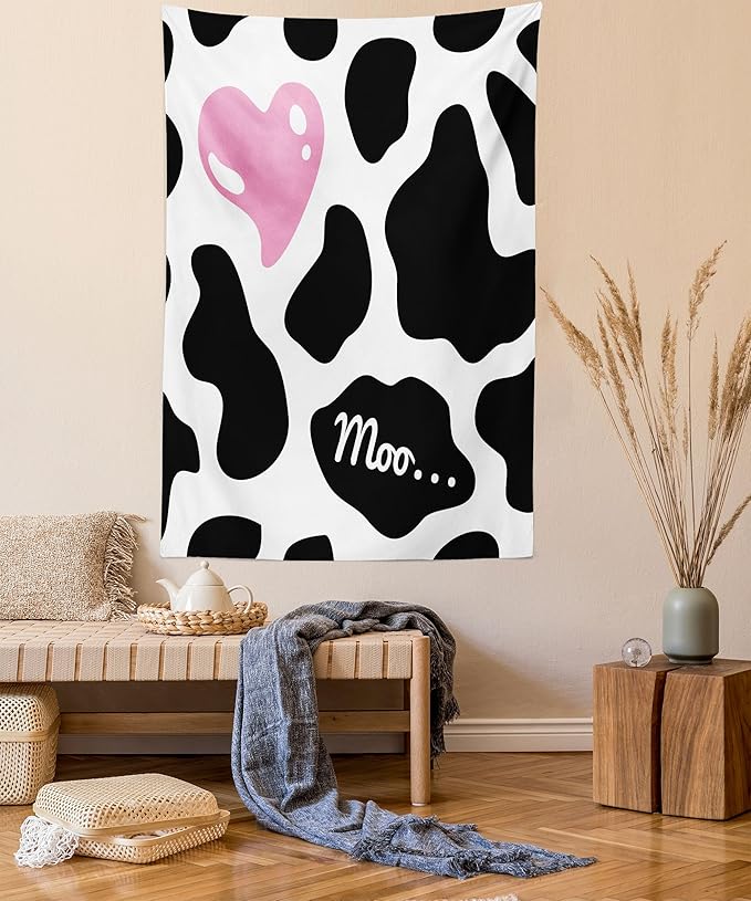 Ambesonne Cow Print Tapestry, Camouflage Hide Skin Pattern in Pastel Color Shades Heart Shape Moo, Fabric Wall Hanging Decor for Bedroom Living Room Dorm, 23" X 28", Pink Black White