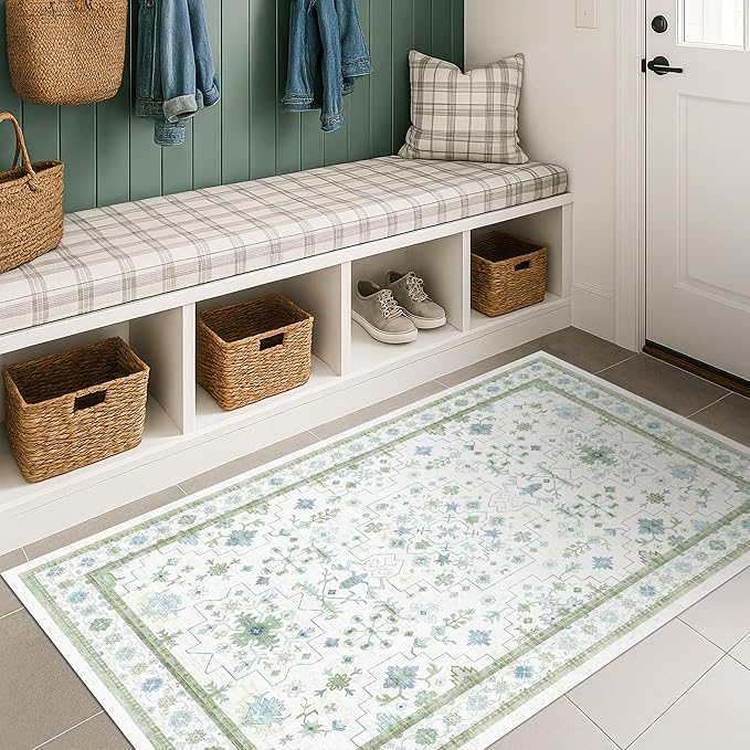 Cream Green and Blue 2x4 Boho Bathroom Rug - Oushak Floral Pastel, Washable Low Pile Non Slip with Rubber Backing Stain Resistant Entryway Rugs Indoor, Small Carpet for Kitchen, Bedroom, Laundry Room