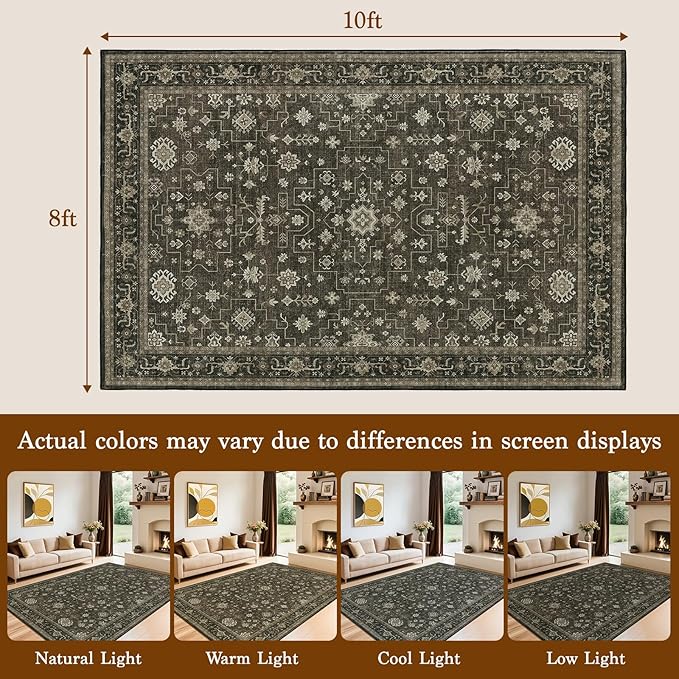 LBRO2M Vintage Washable Rugs 8X10 for Living Room Bedroom Office Farmhouse Non Slip Distressed Area Rugs Easy Clean, Soft, Stain Resistant Carpet Low Piles Great for Pets and Kids (8'X10' Dark Brown)