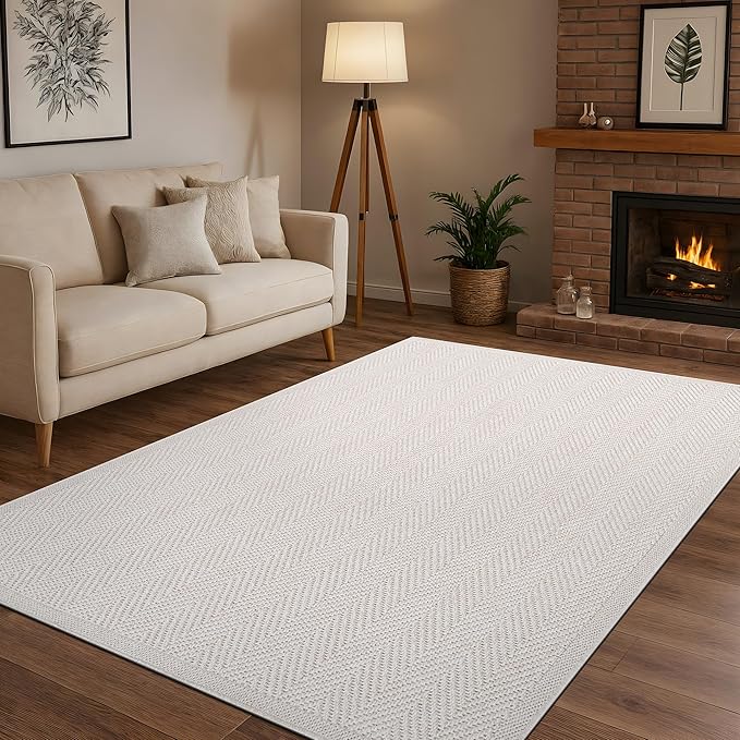 CAMILSON Easy Jute Rug 4x6, Indoor Outdoor Off-White Color Fiber Area Rugs for Living Room Patio and Kitchen Rug Herringbone Seagrass Woven Design Easy-Cleaning Washable Outside Carpet Alfombras 4 x 6