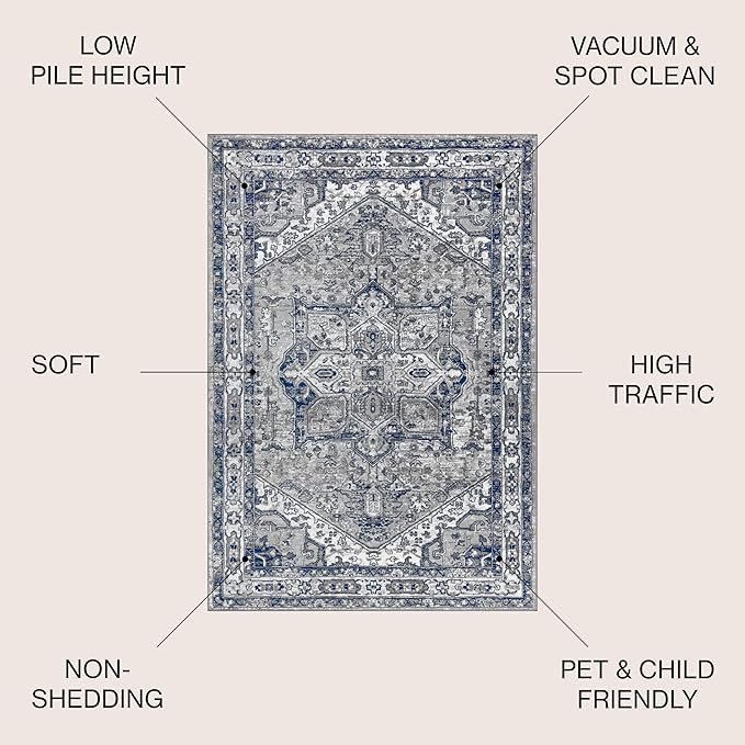JONATHAN Y Modern Vintage Medallion Light Gray/Navy 8' Round Indoor Area Rug, Country, Floral, Easy-Cleaning for Living Room, Bedroom, Kitchen, Pet Friendly, Non-Shedding (MDP106B-8R)