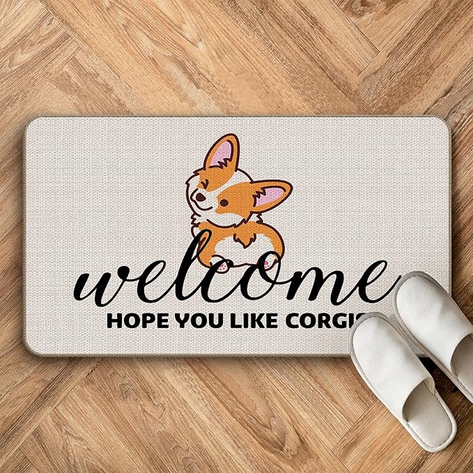 Hope You Like Corgis Welcome Door Mat Doormat 17”x30”,It's Not Dog Hair It's Corgi Glitter Reversible Throw Pillow Cover 18”x18”,Set of 1 Pillow Cover 1 Doormat Decor for Home Girls Kids Room