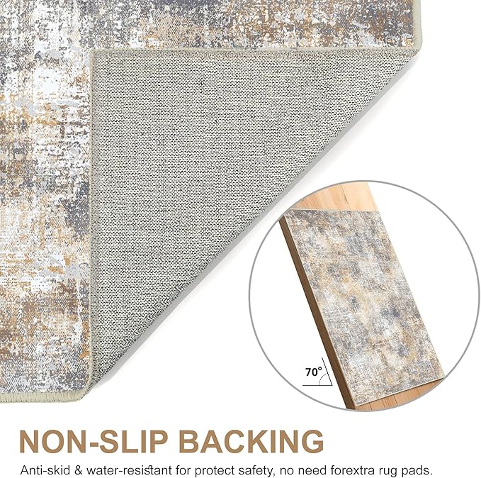 Bavni 8x10 Area Rugs Machine Washable Rug for Living Room, Modern Printed Rug Indoor Soft Area Rug for Bedroom Dining Room, Ultra-Thin Low Pile Carpet with Non Slip Rubber Backing, Ocher Gray