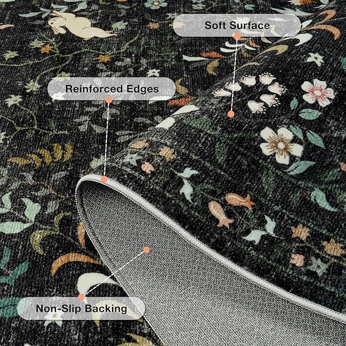 5x7 Area Rugs Washable Rug: Lagre Boho Living Room Rug Soft Non-Slip Thin Carpet Indoor Floor Non-Shedding Neutral Floral Carpets for Bedroom Dining Room Farmhouse Nursery Black