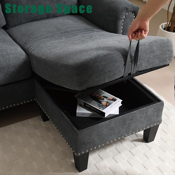 Ball & Cast 106" Convertible Sectional Sofa with Storage Chaise, Linen Upholstered 4 Seater Couch with Back Cushions and Removable Ottoman for Living Room, Apartment, Office,Gray