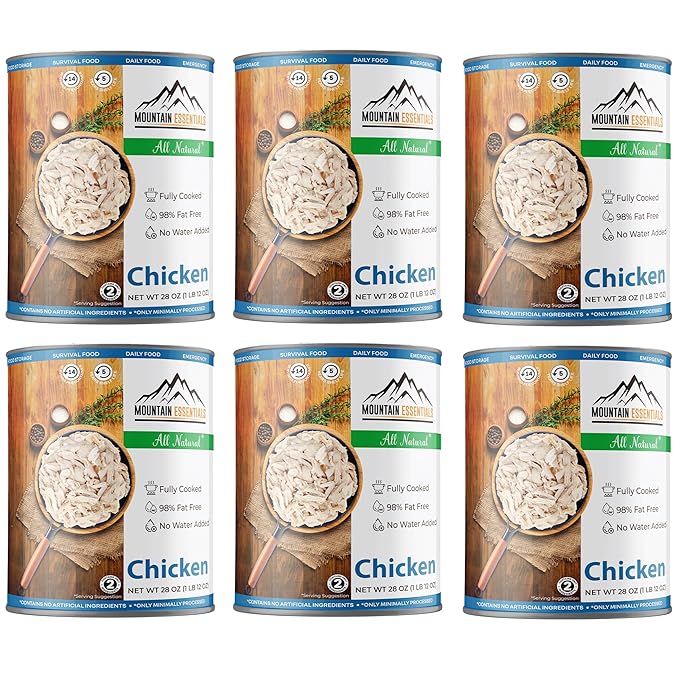 MOUNTAIN ESSENTIALS Fully Cooked Canned Chicken 28 Oz ??White Meat for Daily Meals, Camping & Emergency Food ??Great for Snack, Lunch, Dinner Recipes ??5-Year Shelf Life ??Made in USA ??Pack of 6