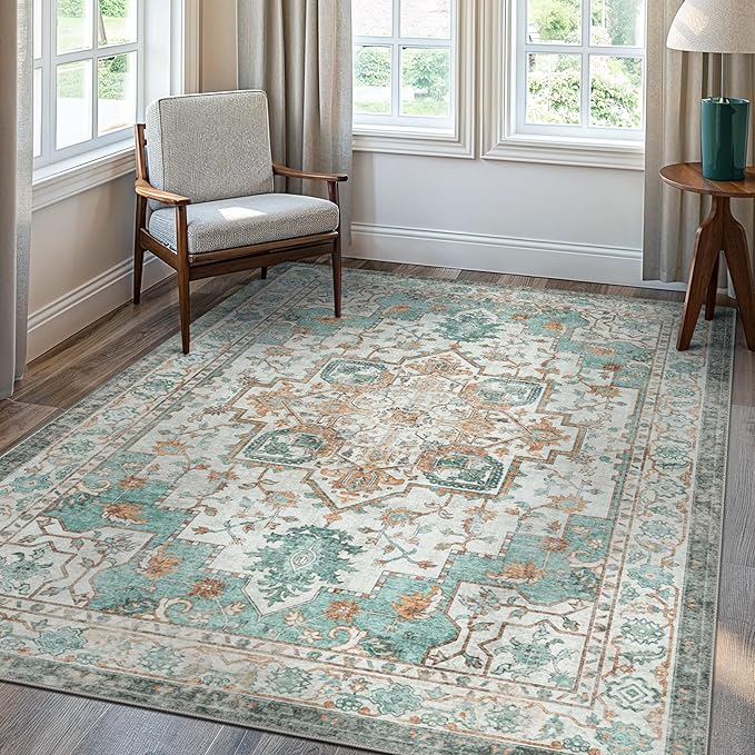 GENIMO 8x10 Area Rugs for Living Room, Machine Washable Non Slip Vintage Rugs, Low Pile Lightweight Chenille Print Rug for Bedroom, Dining Room, Home Office, Cyan