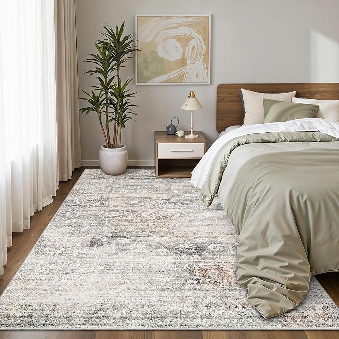 Area Rugs 5x7 for Living Room, Floral Washable Rugs for Dining Room, Bedroom, Kitchen, Vintage Non-Slip Thin Area Rug Taupe