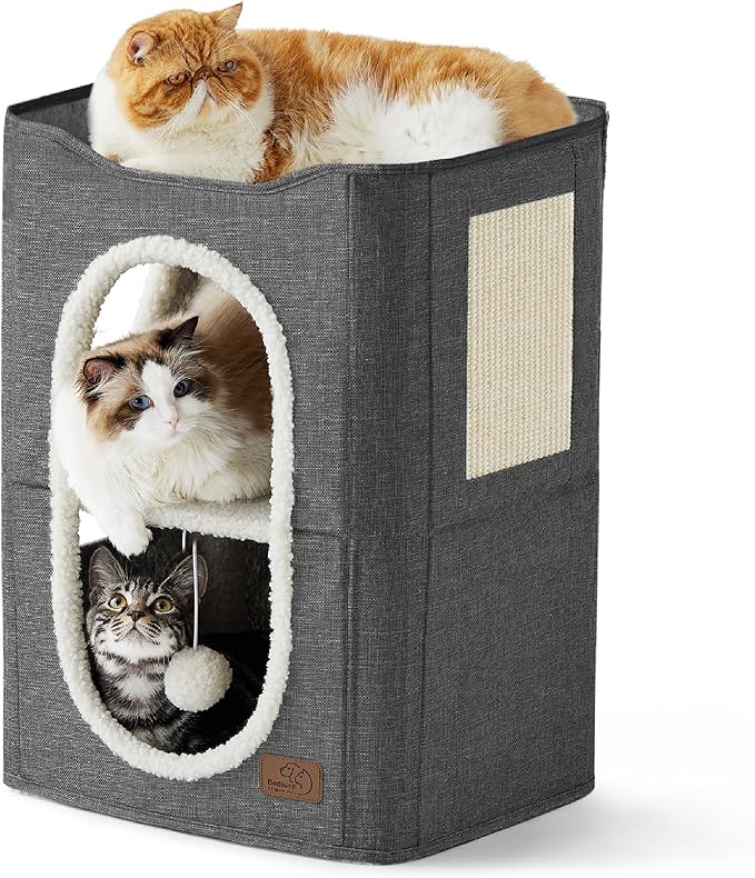 Bedsure 2 Story Cat House - Cat Condos for Indoor Cats with Scratch Pad and Fluffy Ball Hanging, Small Pet Cave Furniture Hideaway for Multi Pets, 18x14x23 inches, Dark Grey