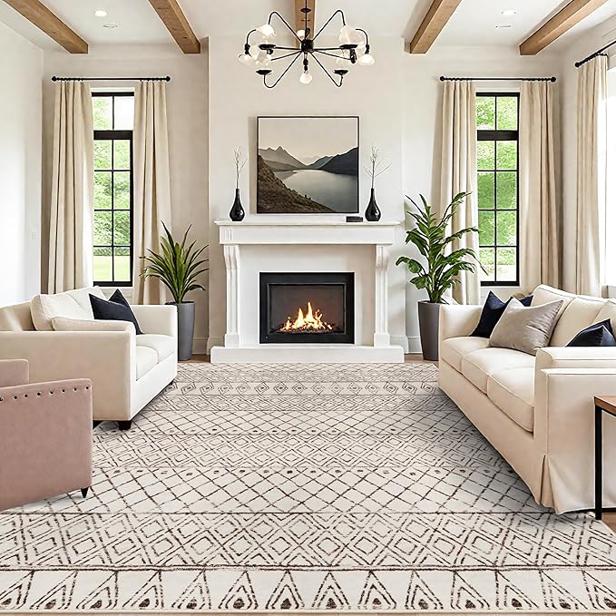 10 x 12 Area Rug - Modern Living Room Area Rugs Washable Moroccan Rugs Low Pile Non Slip Carpets Soft Indoor Thin for Bedroom Dining Room Office 10x12 Geo Beige
