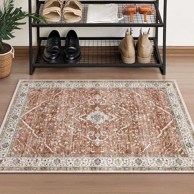 Deerly Washable Rug Small 2x3 Area Rug for Entryway Indoor Kitchen - Soft Rugs Low Pile Non-Slip Rubber Backing Oriental Indoor Area Rug (Border Brick Red ), 2'x3'