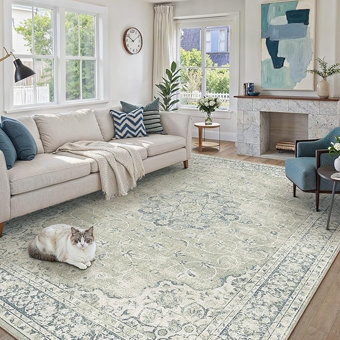 HUGEAR Machine Washable Area Rugs 6x9 Vintage Sage Green Living Room Bedroom Rug Neutral Style Non Slip Stain Resistant Low Pile Throw Carpet for Home Retro Aesthetic Modern Decor