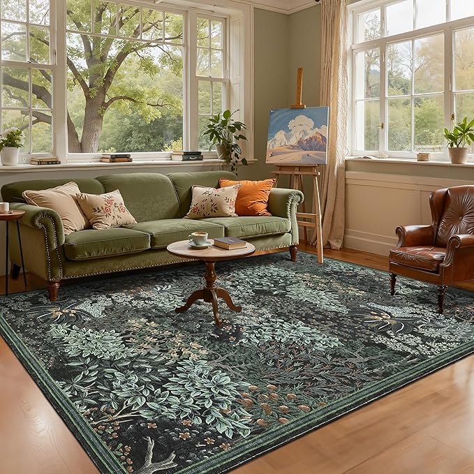 GarveeHome Forest Rugs 5x7, Black Green Washable Area Rugs for Living Room 5x7, Botanical Low Pile Non Slip Stain Resistance Woodland Rug for Farmhouse, Bedroom, Dining Room