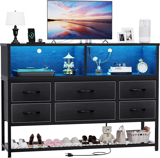 Black Dresser for Bedroom, 6 Drawers Led Dresser TV Stand with Power Outlets and LED Lights, Long Fabric Dressers Wide Chest of Drawers with Large Organizer Shoe Rack for Living Room, Entryway