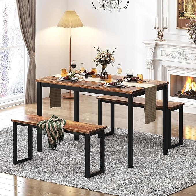 soges 39.4 in Kitchen Table Set with 2 Benches, Dining Table Set for 4, 3 Piece Wooden Industrial Style Dining Room Table and Long Benches, Breakfast Table Coffee Table Set, Retro
