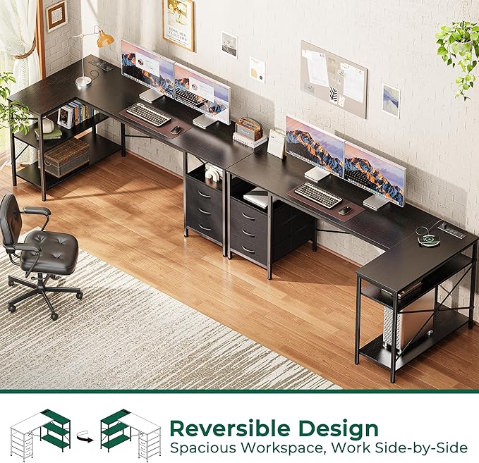 Huuger L Shaped Desk with Power Outlets, 63 Inch Reversible Computer Desk with 3 Drawers and Shelves, Home Office Table for Corner Work Study Writing Gaming, Black