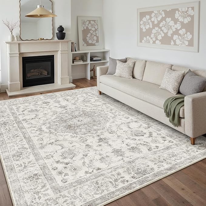 8x10 Area Rug Gray Washable Living Room Vintage Carpet Bedroom Large Non Slip Soft Low Pile Soft Thin Dining Room Office Accent Throw Rug