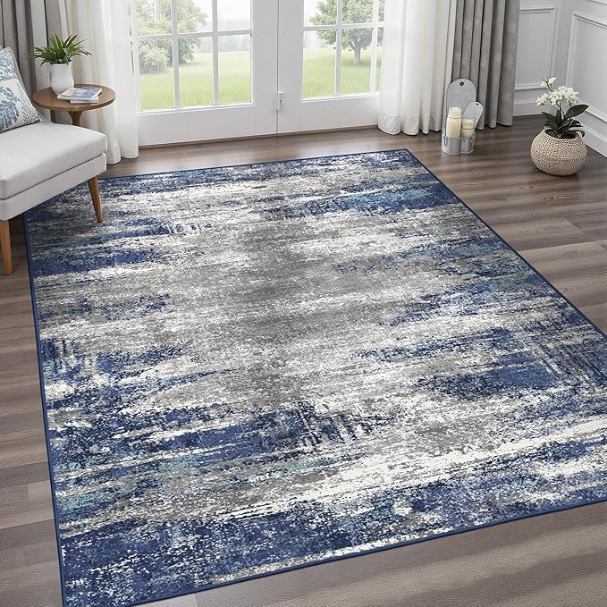 Area Rugs 6x9 for Living Room Bedroom, Modern Abstract Machine Washable Rug, Large Soft Low Pile Floor Cover with Non Slip Backing for Dining Room, Navy Blue Gray