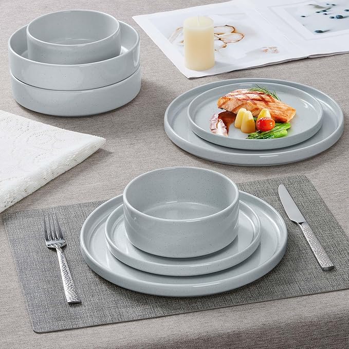 Herogo Stoneware Dinnerware Set with Salad Bowls, Kitchen Dinner Dish Set for 4, 16 Piece Plates and Cereal Pasta Bowls, Chip & Scratch Resistant Dishware, Speckled Light Gray