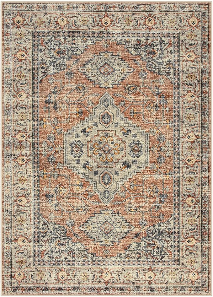 Lahome Oriental Washable Rugs for Living Room, 4x6 Bedroom Area Rug Ultra-Thin Soft Non Slip Stain Resistant Vintage Throw Carpet for ?랳ffice Dining Room, Peach/Orange