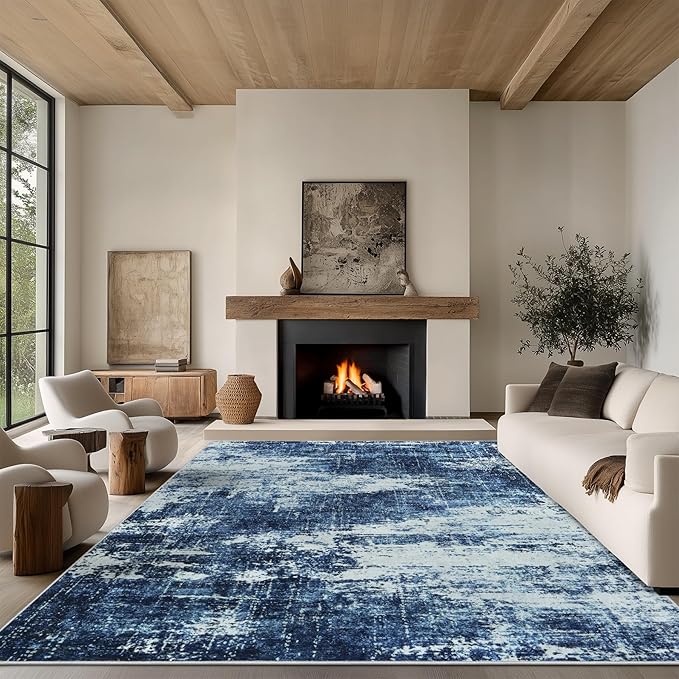 5x7 Area Rug Living Room Rugs - Washable Rug Large Modern Abstract Soft Thin Carpets Indoor Floor No Slip Vintage Carpet for Bedroom Under Dining Table Nursery Home Office Decor Deep Blue
