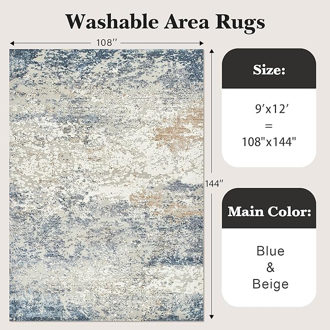 Art&Tuft 9x12 Area Rug, Anti-Slip Backing Abstract Washable Area Rugs 9x12 Living Room, Stain Resistant Rugs for Living Room, Foldable Machine Washable Rug (9'x12', TPR18-Blue)