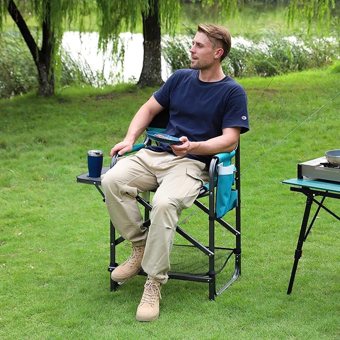 VILLEY Tall Directors Chair, Folding Camping Chairs, Makeup Artist Chair with Foot Rest, 900D Fabric for Tailgating Camp Lawn Picnic Fishing Beach, Supports 350 LBS, Blue