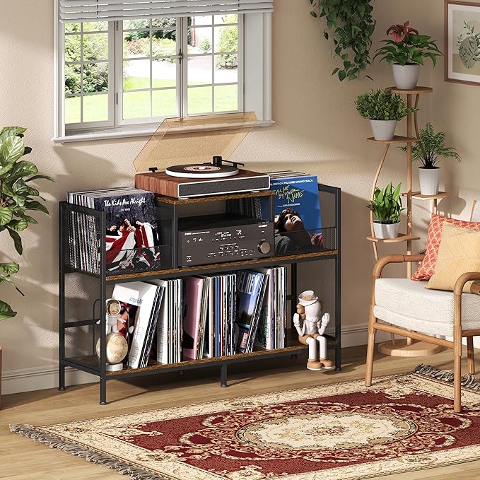 Large Vintage Record Player Table with 4 Adjustable Dividers, Vinyl Record Storage Cabinet for Up to 350 Albums, Medieval Turntable Stand for Living Room, Bedroom (Patent Pending)