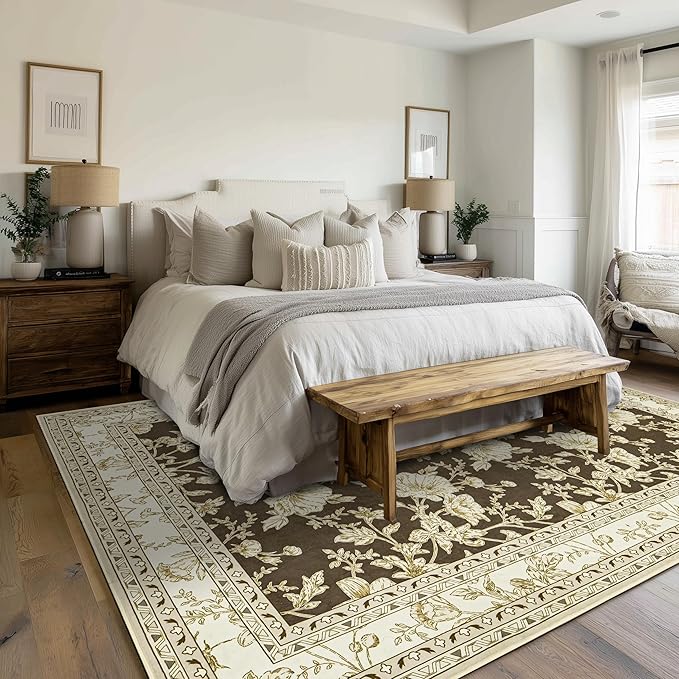 Brown Floral Print Area Rugs for Bedroom Living Room Boho Farmhouse Country Rustic Dining Room Carpet Soft Washable Rugs Non Slip Floor Covering for Nursery Playroom 10x14